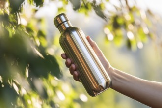 Hand holding reusable stainless steel water bottle outdoors promoting sustainable lifestyle and eco