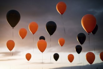 Round orange and black Halloween balloons floating in the sky, festive autumn decoration.