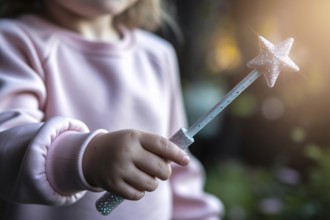 Close-up of glittering fairy wand with star tip held by young girl's hand, magical children's toy.