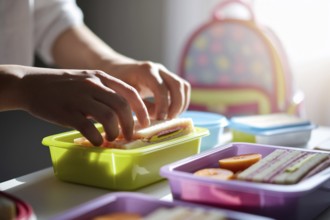 Preparing school lunchboxes: woman's hands packing fruits and sandwiches, highlighting gender roles