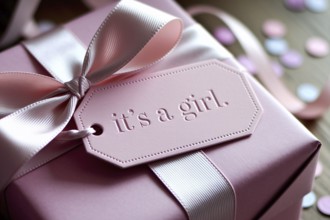 Close up of tag with text it's a girl on pink gift box, a commentary on gender roles and