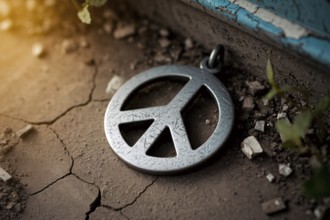 Close up of silver peace symbol pendant lying on rough ground as metaphor for peace in times of war