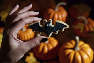 Woman's hand with black nail polish holding bat-shaped Halloween cookie with funny face and
