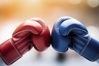 Red and blue boxing gloves facing each other, symbolizing international conflict and geopolitical