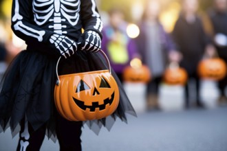 Girl child in skeleton Halloween costume with tulle skirt and pumpkin shaped candy bucket in
