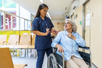Young nurse assisting and engaging in conversation with senior woman in wheelchair, providing