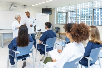 Doctors and nurses listening to senior colleagues giving presentation during medical conference in