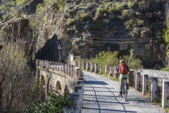 Cyclist on the Tranvía de Sierra Nevada, former railroad track, leading to the trail Vereda de la