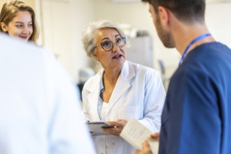 Senior female doctor briefing medical staff during a hospital meeting, discussing patient care