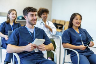 Group of smiling medical students attending a conference, taking notes and listening to the speaker