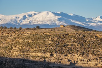 View over the slopes of the Gorafe desert, snow-covered Siera Nevada, Gorafe Desert, UNESCO Granada