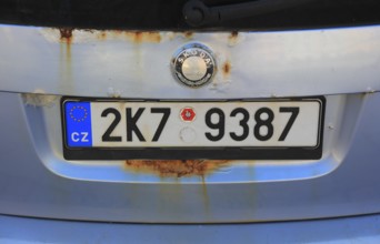 Rusty car with a licence plate from the Czech Republic, Skoda, tailgate, Czech Republic (editorial