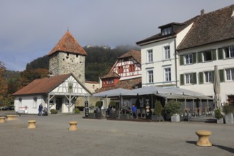 Rhine promenade with Diebesturm or Hexenturm, Stein am Rhein, Canton Schaffhausen, Switzerland