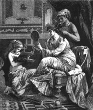 A Roman lady at her toilet with her servants, digital reproduction of a historical model