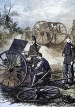 Feldmitrailleuses, a crank-operated machine gun, during the Franco-Prussian War of 1870-1871,