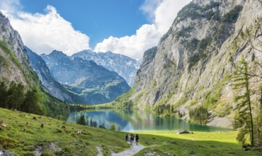 View of the upper lake from the trail to Röthbach Waterfall, water reflection, behind Watzmann