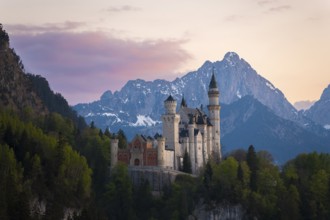 Fairytale Neuschwanstein Castle framed by the Alps after sunset, Schwangau near Füssen, Ostallgäu