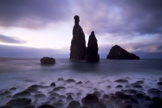 Volcanic rock formation Ilheus da Rib by the cliffs of Ribeira da Janela, Madeira, Portugal