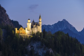 Fairytale castle in front of a tranquil and mysterious mountain landscape, Neuschwanstein,