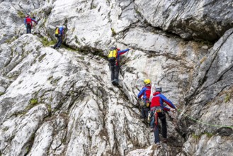 Mountain rescuers from Bergwacht Bayern climbing a steep rock face on Hoher Göll, Berchtesgaden,