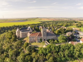 Aerial view of a historic medieval castle surrounded by green countryside, Allstedt, Harz, Germany
