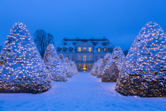 Wackerbarth castle with Christmas lights in the winter twilight, Radebeul, Saxony, Germany