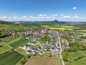 Aerial view of the municipality of Weiterdingen in Hegau, on the horizon the Hohenhewen, district