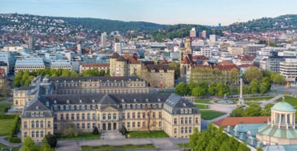 City view of Stuttgart. Aerial view. City centre on the Schlossplatz with New Palace, Old Palace