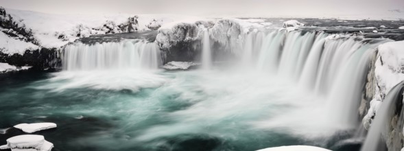Góðafoss Waterfall, panoramic view, waterfall of the Gods, Godafoss in winter with snow and ice,