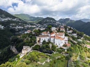 View of Ravello from a drone, Amalfi Coast, Tyrrhenian Sea, Salerno, Campania, Italy