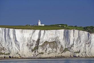 Chalk cliffs with small lighthouse on green grass under blue sky, Dover, Kent, England, Great