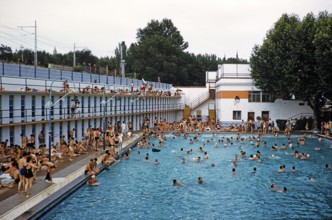 Crowded outdoor swimming pool, Madrid, Spain 1959