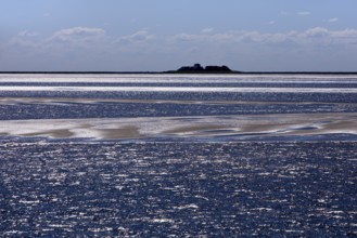 Schleswig-Holstein Wadden Sea National Park with a terp on the Hallig Langeness, North Frisia,