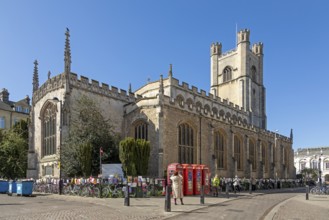 Great St Mary's, red telephone boxes, Cambridge, England, Great Britain