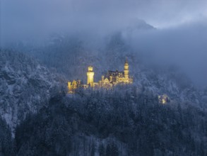 Fairytale castle surrounded by fog in a snow-covered mountain landscape, Neuschwanstein, Schwangau,