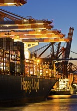 Container ships at the Eurogate container terminal in the evening with an atmospheric sunset,