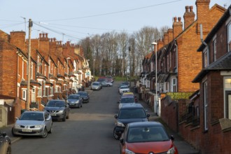Victorian terraced housing with small front gardens, Fairfield Street, inner city of Lincoln,