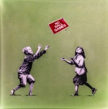 Banksy - No Ball Games, children obey and break the rules at the same time, 2009, Tottenham,