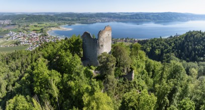 Aerial view, panorama of Lake Constance with the ruins of Altbodman, Bodman-Ludwigshafen, district