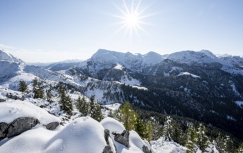 Snow-covered summit of the Jenner in autumn, view of mountain panorama with Hagengebirge,