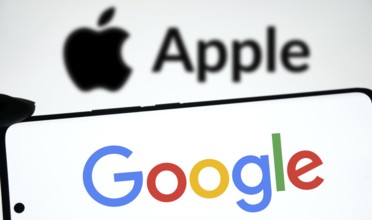 Google logo is displayed on smartphone and Apple logo on the background.