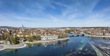Aerial view, panorama of Lake Constance with the Seerhein, also Rhine funnel and the old town of
