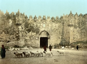 The Damascus Gate, Jerusalem, Holy Land, Israel, c. 1890, Historic, digitally restored reproduction