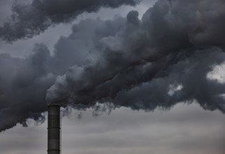 Pollution, industry, smoke pouring out of a factory chimney, Lenzing, Upper Austria, Austria