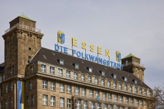 Illuminated sign Essen, The Folkwang City on the roof of the Hotel Handelshof in Essen, Ruhr area,