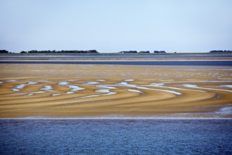 Schleswig-Holstein Wadden Sea National Park at low tide with sandbanks and mainland, North Frisia,