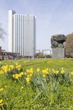 Karl Marx Monument and Congress Hotel next to the civic hall, Chemnitz, Saxony, Germany
