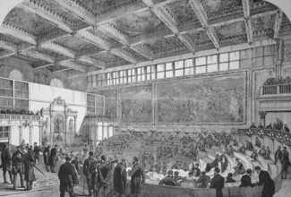 The Parliament in Florence in the Hall of the Five Hundred, Sala dei Cinquecento, in the Palazzo