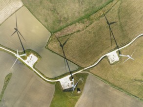 Windmills on a wind farm near Zahara de los Atunes, aerial view, drone shot, Cádiz province,