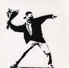Banksy - Flower Thrower, revolutionary violence against pacifist fervour, 2003, exhibition The